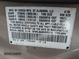 2006 Honda Odyssey EX with VIN 5FNRL38486B093156, listed as a IAAI auction lot 41109483 with 191,785 mi miles. Bid and sale history available at carsss.com. Image 9.