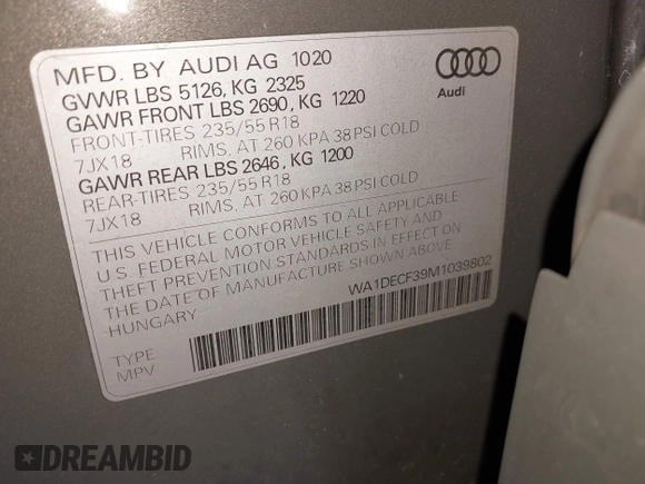 2021 Audi Q3 S line Premium with VIN WA1DECF39M1039802, listed as a IAAI auction lot 41663221 with 50,455 mi miles and . Bid and sale history available at DreamBid. Image 9.