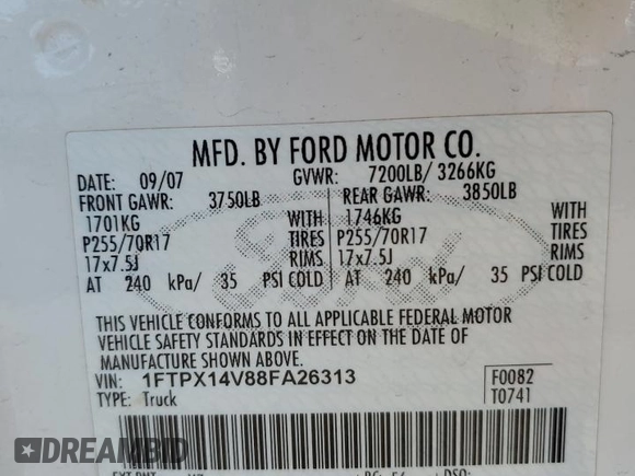 2008 Ford F-150 XLT with VIN 1FTPX14V88FA26313, listed as a Copart auction lot 49924785 with 2,300,278 mi miles and Salvage title. Bid and sale history available at DreamBid. Image 12.