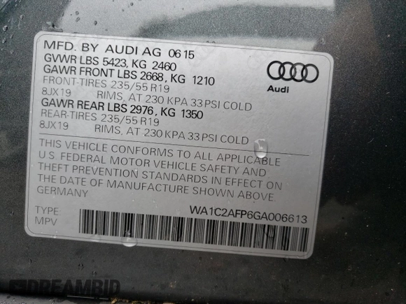 2016 Audi Q5 Premium with VIN WA1C2AFP6GA006613, listed as a Copart auction lot 57469695 with 106,187 mi miles and Salvage title. Bid and sale history available at DreamBid. Image 13.