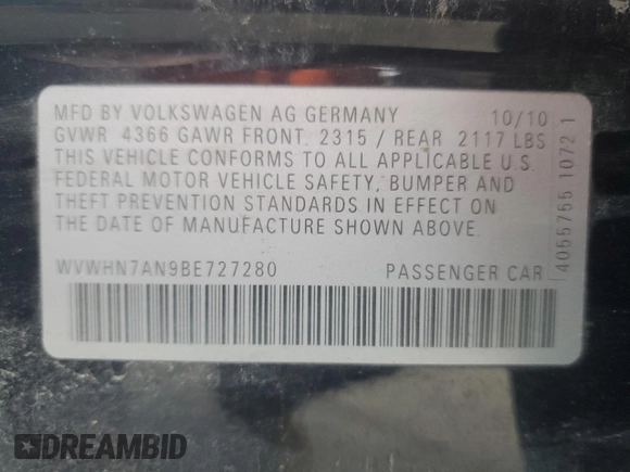 2011 Volkswagen CC Lux Plus with VIN WVWHN7AN9BE727280, listed as a Copart auction lot 85802354 with 128,245 mi miles and Clean Title. Bid and sale history available at carsss.com. Image 14.