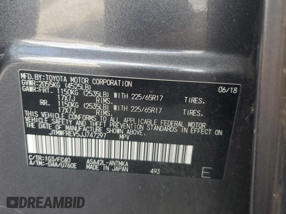 2018 Toyota RAV4 XLE with VIN JTMWFREV5JJ747297, listed as a Copart auction lot 56371505 with 215,598 mi miles and Clean Title. Bid and sale history available at DreamBid. Image 14.