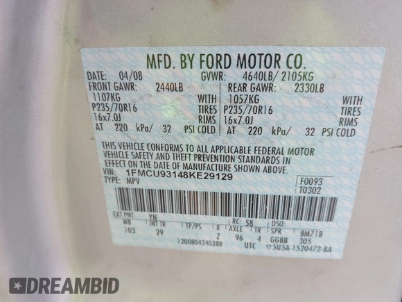 2008 Ford Escape XLT with VIN 1FMCU93148KE29129, listed as a IAAI auction lot 42506168 with 182,849 mi miles and . Bid and sale history available at DreamBid. Image 9.