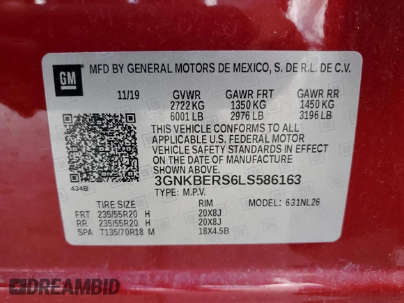 2020 Chevrolet Blazer RS with VIN 3GNKBERS6LS586163, listed as a Copart auction lot 56424945 with 68,820 mi miles and Salvage title. Bid and sale history available at DreamBid. Image 14.