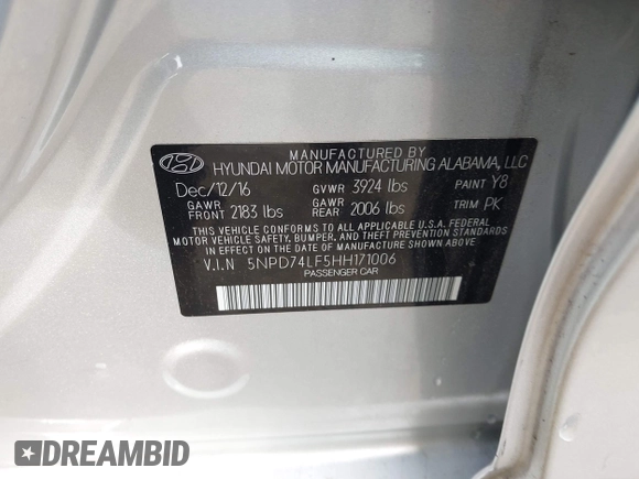 2017 Hyundai Elantra SE z VIN 5NPD74LF5HH171006, wystawiony jako IAAI lot #42268343 z przebiegiem 83 303 mil mil oraz . Historia ofert i sprzedaży dostępna na DreamBid. Obrazek 9.