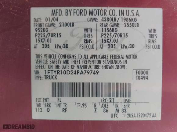 2004 Ford Ranger XL with VIN 1FTYR10D24PA79749, listed as a IAAI auction lot 41544439 with 138,626 mi miles. Bid and sale history available at carsss.com. Image 9.