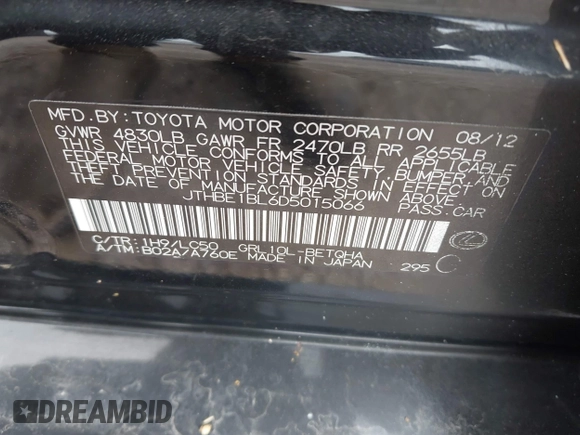 2013 Lexus GS 350 with VIN JTHBE1BL6D5015066, listed as a IAAI auction lot 42511887 with 160,948 mi miles and . Bid and sale history available at DreamBid. Image 9.