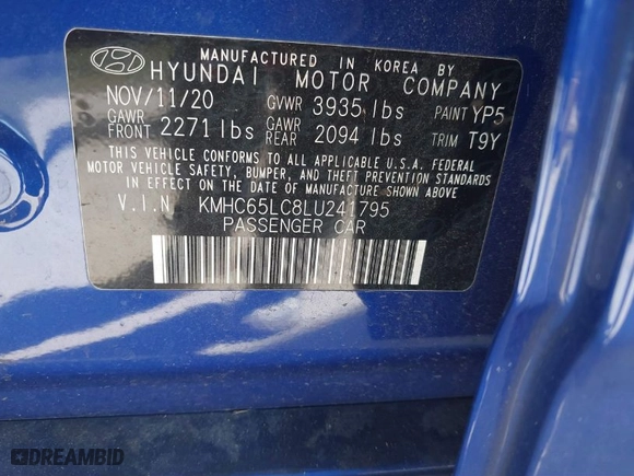 2020 Hyundai Ioniq Hybrid Blue with VIN KMHC65LC8LU241795, listed as a IAAI auction lot 41806566 with 63,774 mi miles. Bid and sale history available at carsss.com. Image 9.