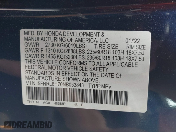 2022 Honda Odyssey EX-L with VIN 5FNRL6H70NB053843, listed as a IAAI auction lot 40210685 with 21,571 mi miles and . Bid and sale history available at DreamBid. Image 9.