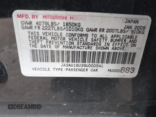 2009 Mitsubishi Lancer DE with VIN JA3AU16U39U000541, listed as a IAAI auction lot 41388897 with 226,951 mi miles. Bid and sale history available at carsss.com. Image 9.