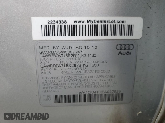2011 Audi Q5 Premium with VIN WA1CFAFPXBA047825, listed as a Copart auction lot 59582395 with 91,581 mi miles and Salvage title. Bid and sale history available at DreamBid. Image 12.