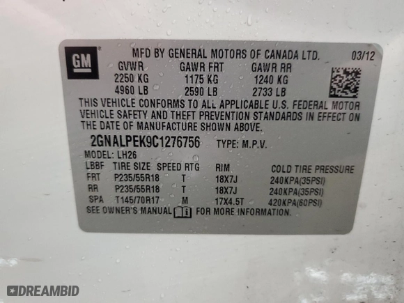2012 Chevrolet Equinox LT w/2LT with VIN 2GNALPEK9C1276756, listed as a Copart auction lot 49983405 with 160,397 mi miles and Salvage Title. Bid and sale history available at carsss.com. Image 12.