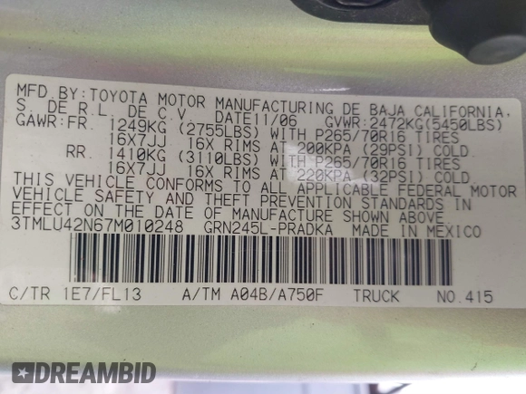 2007 Toyota Tacoma with VIN 3TMLU42N67M010248, listed as a IAAI auction lot 40982477 with Not provided miles and . Bid and sale history available at DreamBid. Image 9.