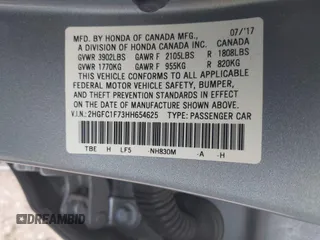 2017 Honda Civic Sedan EX-L with VIN 2HGFC1F73HH654625, listed as a IAAI auction lot 41962609 with 77,991 mi miles. Bid and sale history available at carsss.com. Image 9.