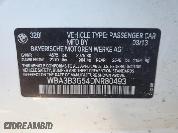 2013 BMW 3 Series 328i xDrive with VIN WBA3B3G54DNR80493, listed as a Copart auction lot 44243075 with 125,256 mi miles and Clean Title. Bid and sale history available at carsss.com. Image 12.