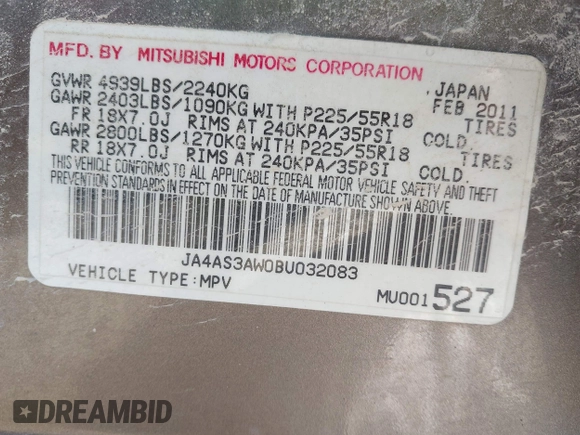 2011 Mitsubishi Outlander SE with VIN JA4AS3AW0BU032083, listed as a IAAI auction lot 42257699 with 160,038 mi miles and . Bid and sale history available at DreamBid. Image 9.
