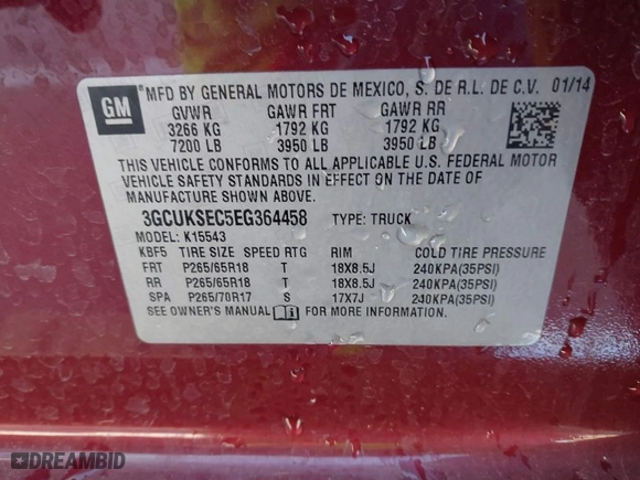 2014 Chevrolet Silverado 1500 LTZ with VIN 3GCUKSEC5EG364458, listed as a IAAI auction lot 41857739 with 85,042 mi miles. Bid and sale history available at carsss.com. Image 9.
