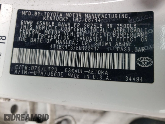 2014 Toyota Avalon Limited with VIN 4T1BK1EB7EU122417, listed as a Copart auction lot 51256375 with 174,661 mi miles and Salvage Title. Bid and sale history available at DreamBid. Image 13.