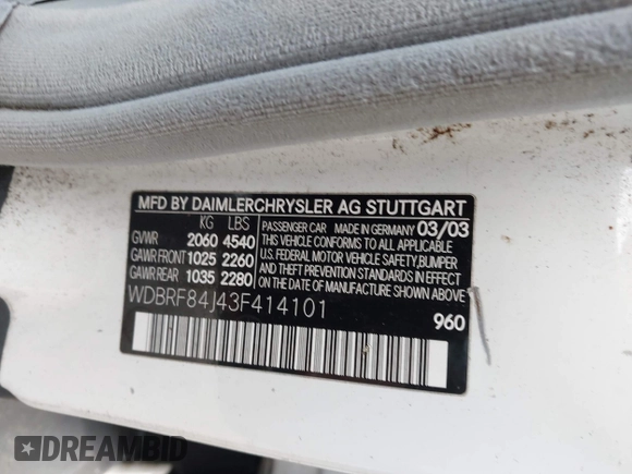2003 Mercedes-Benz C 320 z VIN WDBRF84J43F414101, wystawiony jako IAAI lot #42385841 z przebiegiem Nie podano mil oraz . Historia ofert i sprzedaży dostępna na DreamBid. Obrazek 9.