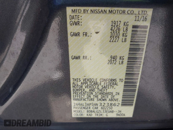2017 Nissan Altima S with VIN 1N4AL3AP5HN323862, listed as a IAAI auction lot 42023403 with 99,584 mi miles and . Bid and sale history available at DreamBid. Image 9.
