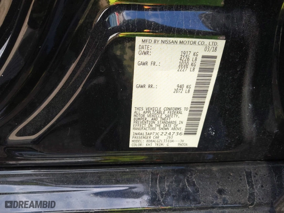 2018 Nissan Altima 2.5 SL with VIN 1N4AL3AP7JC224736, listed as a IAAI auction lot 41687658 with 98,835 mi miles. Bid and sale history available at carsss.com. Image 9.