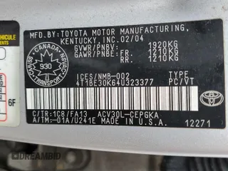 2004 Toyota Camry LE with VIN 4T1BE30K64U323377, listed as a Copart auction lot 58249465 with 274,902 mi miles and Salvage title. Bid and sale history available at DreamBid. Image 13.