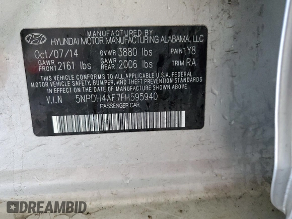 2015 Hyundai Elantra SE with VIN 5NPDH4AE7FH595940, listed as a Copart auction lot 63385525 with 187,591 mi miles and Salvage title. Bid and sale history available at DreamBid. Image 12.