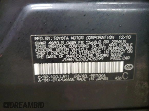2011 Lexus ES with VIN JTHBK1EGXB2435399, listed as a Copart auction lot 49916075 with 150,258 mi miles and Salvage Title. Bid and sale history available at carsss.com. Image 12.