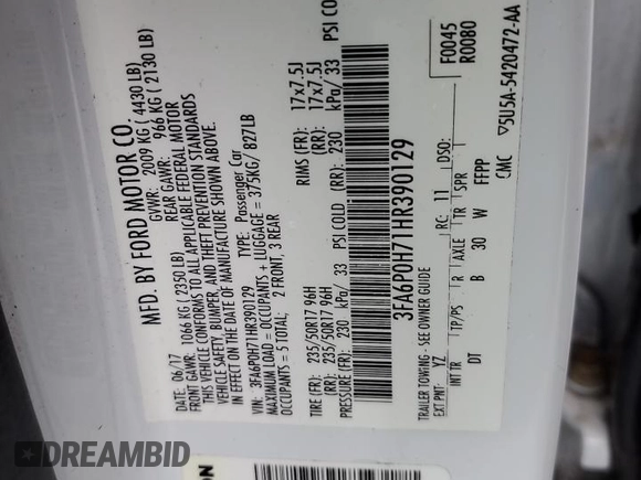 2017 Ford Fusion SE with VIN 3FA6P0H71HR390129, listed as a Copart auction lot 47251755 with 72,790 mi miles and Salvage Title. Bid and sale history available at DreamBid. Image 12.