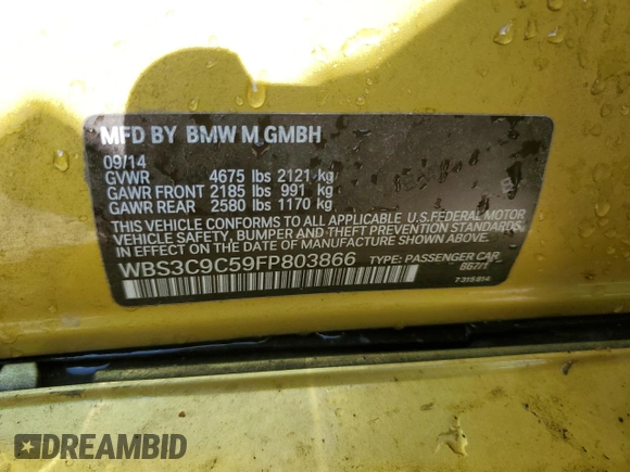 2015 BMW M3 with VIN WBS3C9C59FP803866, listed as a Copart auction lot 59126275 with 115,868 mi miles and Salvage title. Bid and sale history available at DreamBid. Image 12.