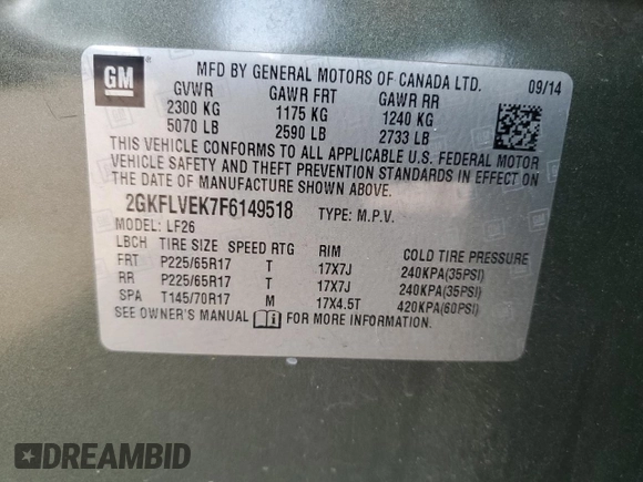 2015 GMC Terrain SLE with VIN 2GKFLVEK7F6149518, listed as a Copart auction lot 57693915 with 140,003 mi miles and Salvage title. Bid and sale history available at DreamBid. Image 13.
