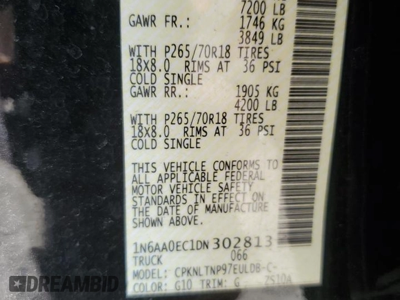 2013 Nissan Titan S with VIN 1N6AA0EC1DN302813, listed as a Copart auction lot 76369234 with 103,304 mi miles and Salvage Title. Bid and sale history available at DreamBid. Image 13.