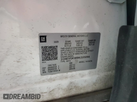 2021 Chevrolet Traverse LT Cloth z VIN 1GNEVGKW9MJ105094, wystawiony jako Copart lot #82088144 z przebiegiem Nie podano mil oraz Nie do naprawy • Non repairable. Historia ofert i sprzedaży dostępna na DreamBid. Obrazek 13.