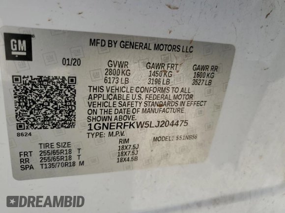 2020 Chevrolet Traverse LS z VIN 1GNERFKW5LJ204475, wystawiony jako Copart lot #49001335 z przebiegiem 188 006 mil mil oraz Szkoda całkowita • Salvage title. Historia ofert i sprzedaży dostępna na DreamBid. Obrazek 12.