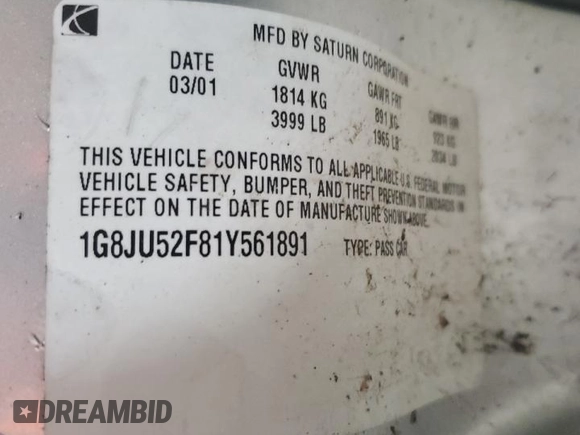 2001 Saturn LS z VIN 1G8JU52F81Y561891, wystawiony jako Copart lot #47767115 z przebiegiem Nie podano mil oraz Nie do naprawy • Non repairable. Historia ofert i sprzedaży dostępna na DreamBid. Obrazek 12.