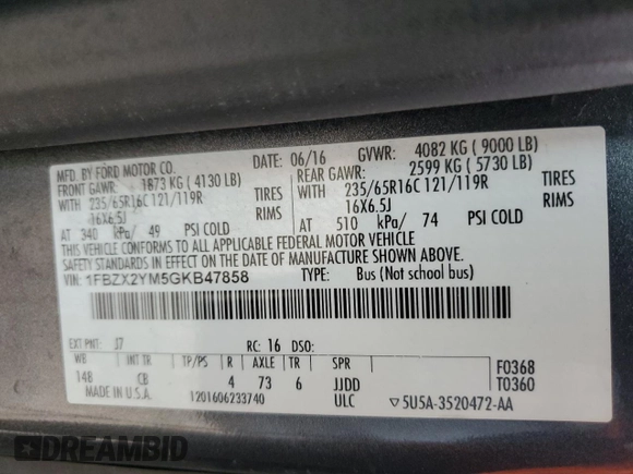 2016 Ford Transit XL with VIN 1FBZX2YM5GKB47858, listed as a Copart auction lot 51257155 with 116,154 mi miles and Salvage title. Bid and sale history available at DreamBid. Image 13.