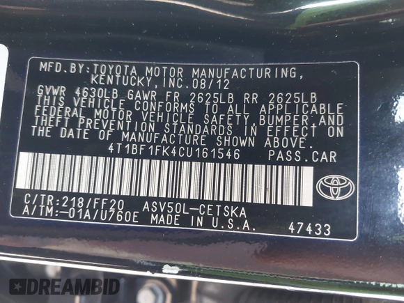 2012 Toyota Camry L with VIN 4T1BF1FK4CU161546, listed as a IAAI auction lot 42018021 with 158,825 mi miles and . Bid and sale history available at DreamBid. Image 9.