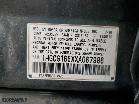 1999 Honda Accord Sdn EX with VIN 1HGCG165XXA067986, listed as a Copart auction lot 43824185 with 0 mi miles and Salvage Title. Bid and sale history available at carsss.com. Image 15.