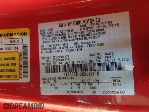 2024 Ford Mustang EcoBoost with VIN 1FA6P8TH0R5113118, listed as a IAAI auction lot 41246525 with 19,848 mi miles and . Bid and sale history available at DreamBid. Image 9.