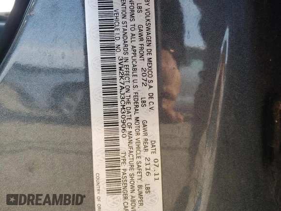 2012 Volkswagen Jetta S with VIN 3VW2K7AJ3CM309060, listed as a Copart auction lot 54548805 with 121,920 mi miles and Salvage title. Bid and sale history available at DreamBid. Image 12.