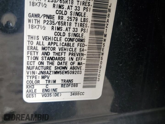 2014 Nissan Murano S with VIN JN8AZ1MW5EW509203, listed as a Copart auction lot 54307775 with 102,262 mi miles and Clean Title. Bid and sale history available at DreamBid. Image 12.