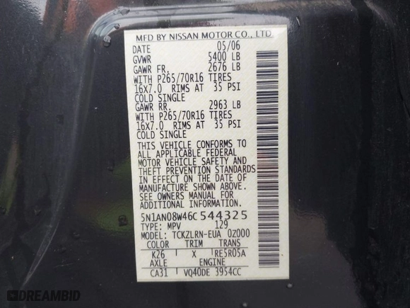 2006 Nissan Xterra SE with VIN 5N1AN08W46C544325, listed as a IAAI auction lot 41413442 with 175,763 mi miles. Bid and sale history available at carsss.com. Image 9.