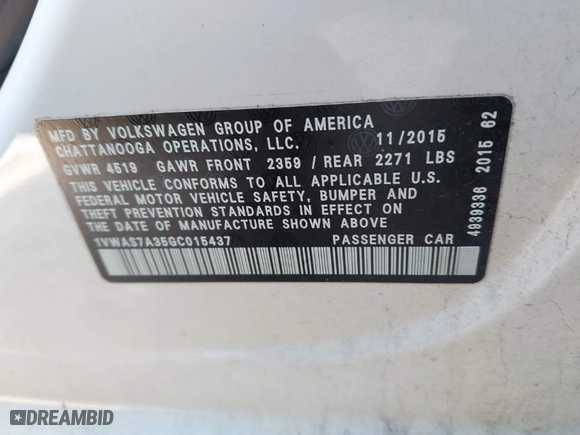 2016 Volkswagen Passat 1.8T S with VIN 1VWAS7A35GC015437, listed as a IAAI auction lot 41403316 with 167,873 mi miles. Bid and sale history available at carsss.com. Image 9.