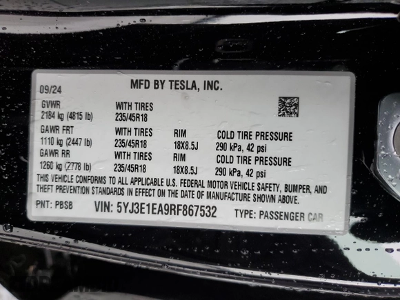 2024 Tesla Model 3 with VIN 5YJ3E1EA9RF867532, listed as a Copart auction lot 47814555 with 2,445 mi miles and Salvage Title. Bid and sale history available at DreamBid. Image 14.