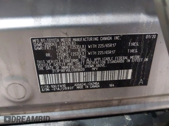 2020 Toyota RAV4 XLE with VIN 2T3P1RFV6LC089609, listed as a IAAI auction lot 41923472 with 72,368 mi miles and . Bid and sale history available at DreamBid. Image 9.