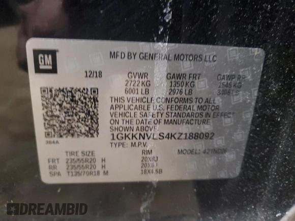 2019 GMC Acadia SLT with VIN 1GKKNVLS4KZ188092, listed as a Copart auction lot 83768104 with 90,118 mi miles and Salvage Title. Bid and sale history available at DreamBid. Image 14.