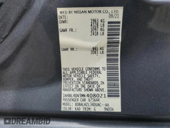 2021 Nissan Altima SV with VIN 1N4BL4DV3MN408021, listed as a Copart auction lot 57078765 with 47,456 mi miles and Salvage title. Bid and sale history available at DreamBid. Image 12.