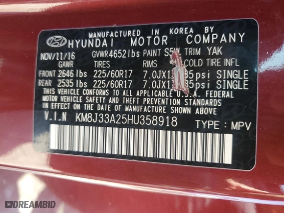 2017 Hyundai Tucson Value with VIN KM8J33A25HU358918, listed as a Copart auction lot 52177905 with 158,592 mi miles and Clean Title. Bid and sale history available at carsss.com. Image 12.