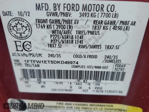 2013 Ford F-150 XL with VIN 1FTFW1ET5DKD49974, listed as a Copart auction lot 45176105 with 296,905 mi miles and Clean Title. Bid and sale history available at carsss.com. Image 12.