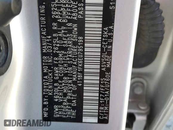 2014 Toyota Camry L with VIN 4T1BF1FK6EU795198, listed as a Copart auction lot 55472475 with 197,996 mi miles and Salvage Title. Bid and sale history available at DreamBid. Image 13.